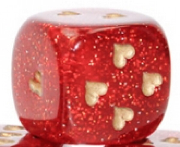 Dice D6 - Heart 16mm Glitter Ruby Red/Gold Pips